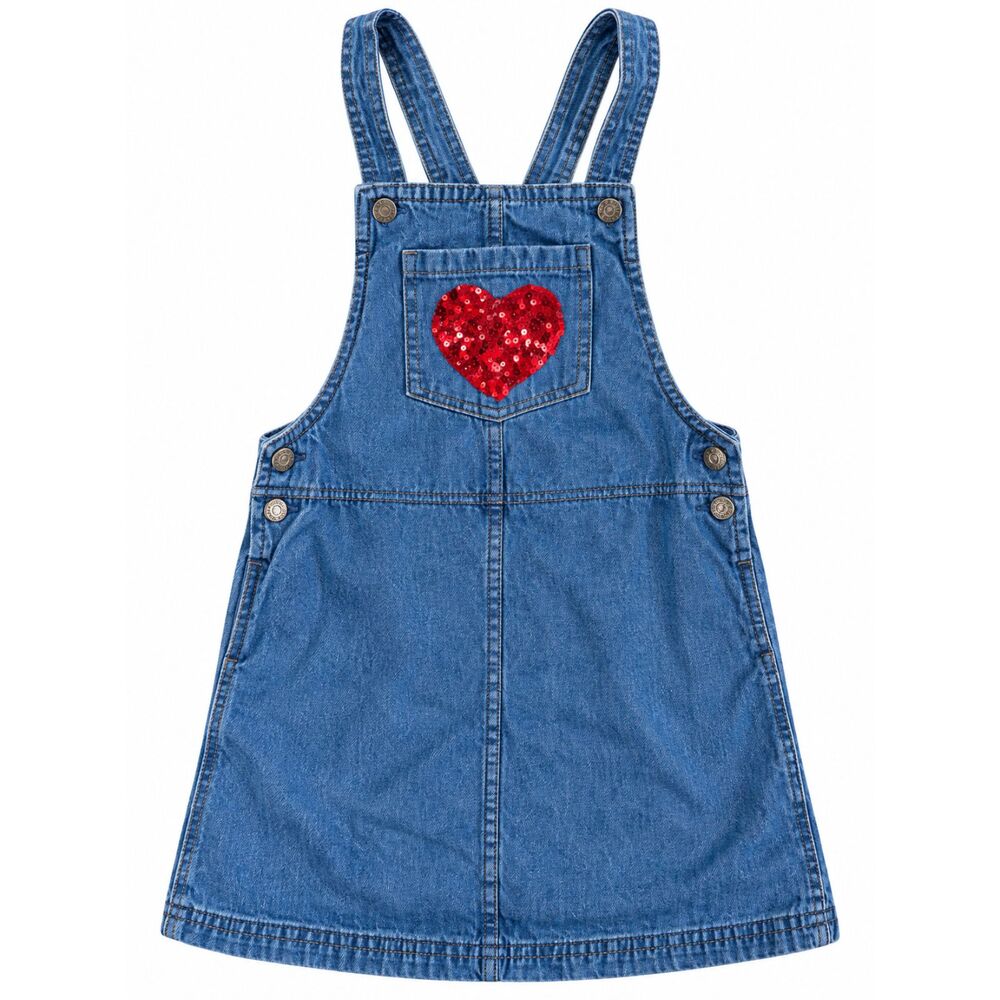Max Studio Kids Girls Size 6 Denim Overall Dress Red Sequin Heart Pinafore